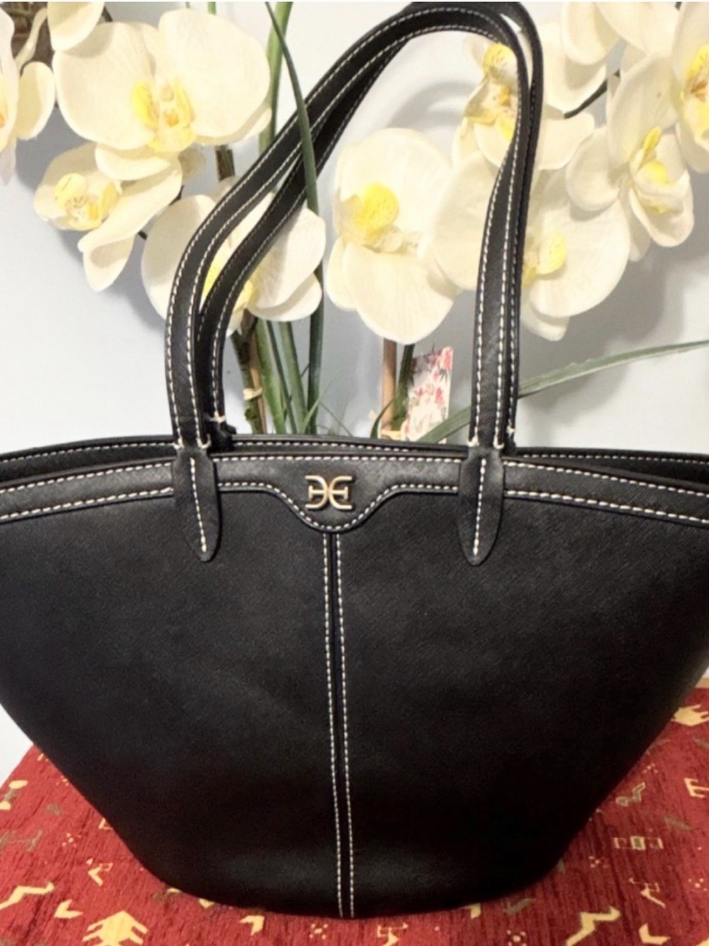 Black Leather-Effect Tote Bag with Contrast Stitching